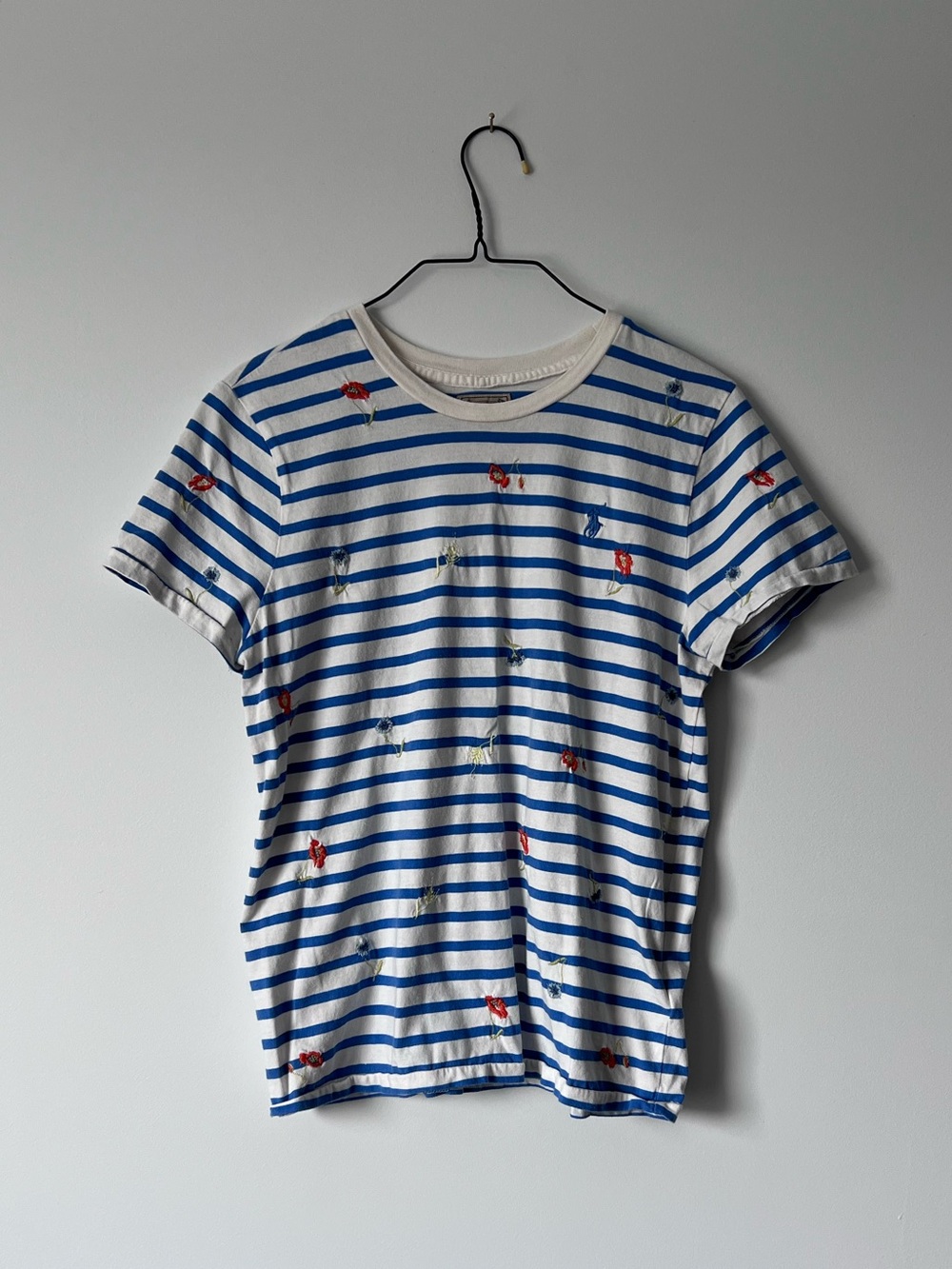 Polo Ralph Lauren T-Shirt M Blue White Striped Floral Embroidered Short Sleeve
